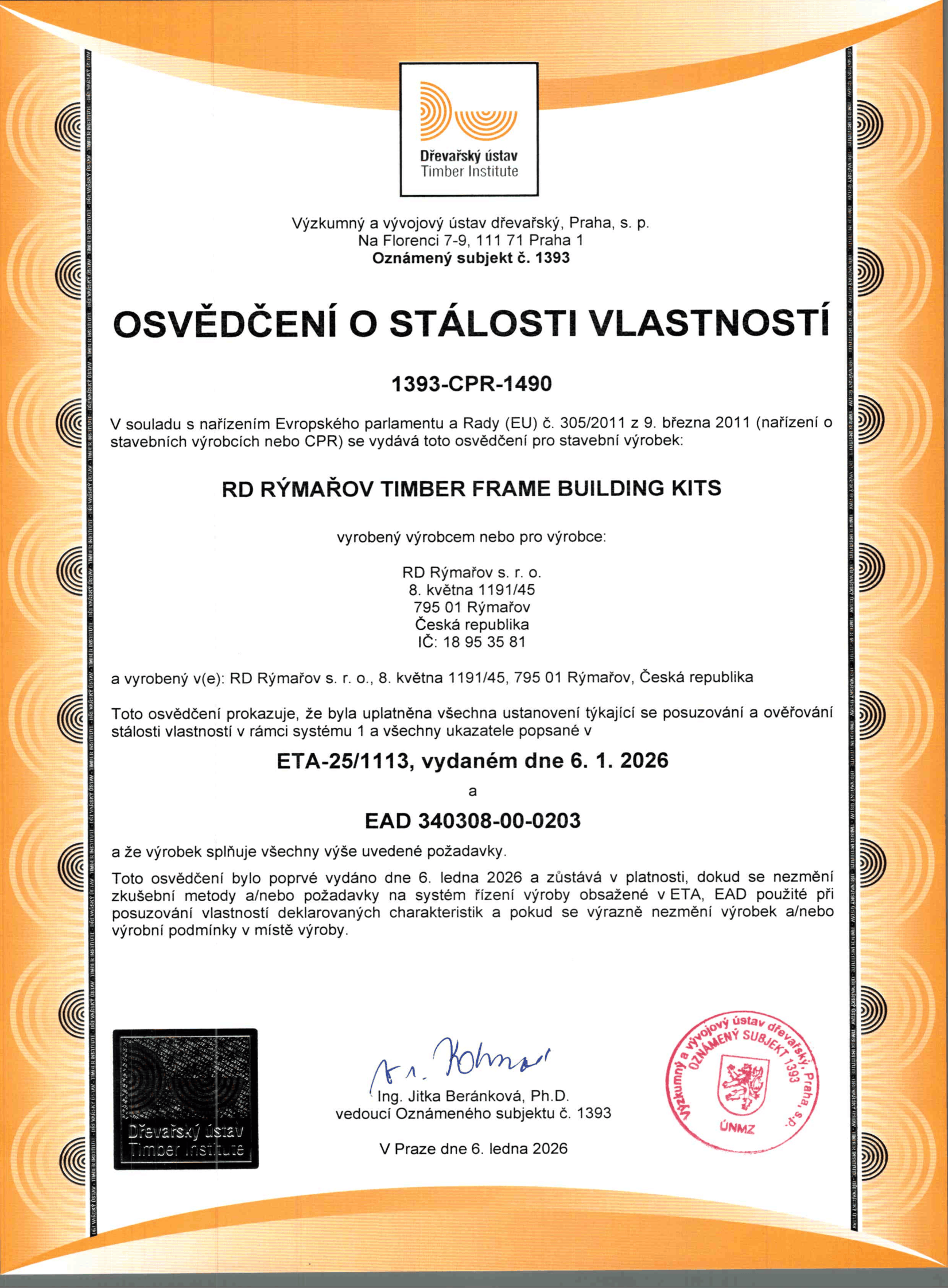 Osvědčení o stálosti vlastností Osvědčení o stálosti vlastností